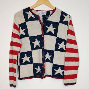 Vintage Knit Sweater USA Flag Stars Strips Medium Red Blue Cream Button Down